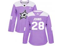 #28 Authentic Stephen Johns Purple Adidas NHL Women's Jersey Dallas Stars Fights Cancer Practice