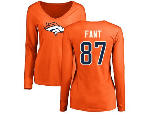 #87 Noah Fant Orange Football Name & Number Logo Women's Denver Broncos Long Sleeve T-Shirt