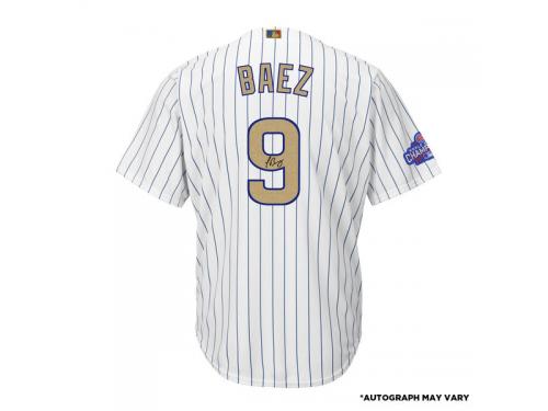 Men Autographed Chicago Cubs Javier Baez Majestic White World Series Champions Gold Program Jersey