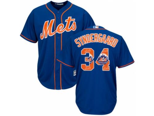 Men's Majestic New York Mets #34 Noah Syndergaard Royal Blue Team Logo Fashion Cool Base MLB Jersey