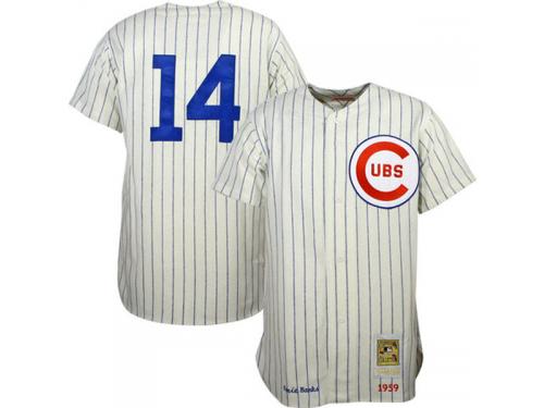 Mitchell & Ness Chicago Cubs #14 Ernie Banks Home Natural Pinstripe Throwback Jersey