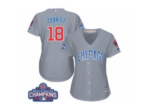 Women Majestic Chicago Cubs #18 Ben Zobrist Authentic Grey Road 2016 World Series Champions Cool Base MLB Jersey
