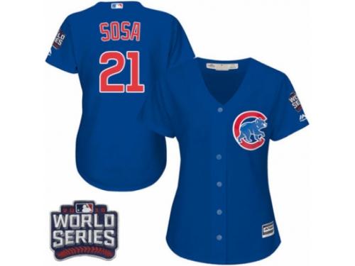 Women Majestic Chicago Cubs #21 Sammy Sosa Authentic Royal Blue Alternate 2016 World Series Bound Cool Base MLB Jersey