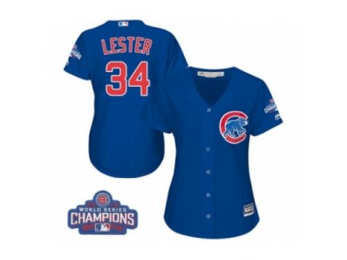 Women Majestic Chicago Cubs #34 Jon Lester Authentic Royal Blue Alternate 2016 World Series Champions Cool Base MLB Jersey