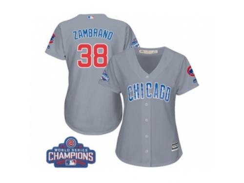 Women Majestic Chicago Cubs #38 Carlos Zambrano Authentic Grey Road 2016 World Series Champions Cool Base MLB Jersey
