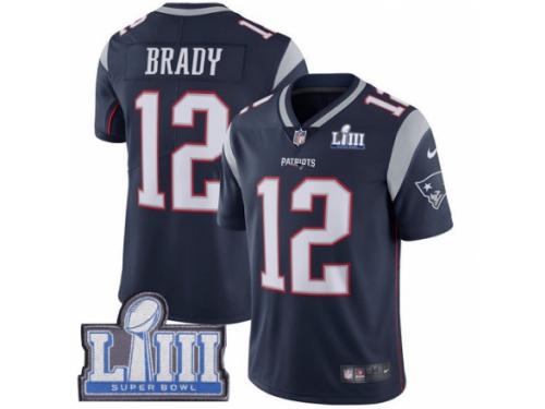 Youth Nike New England Patriots #12 Tom Brady Navy Blue Team Color Vapor Untouchable Limited Player Super Bowl LIII Bound NFL Jersey
